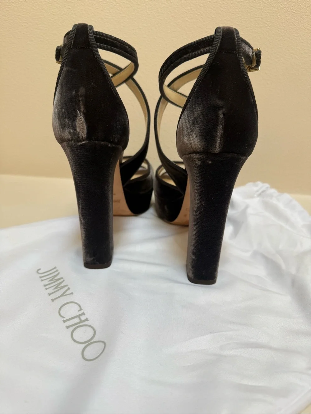 Jimmy Choo Black Velvet Platform Sandals with Crisscross Straps